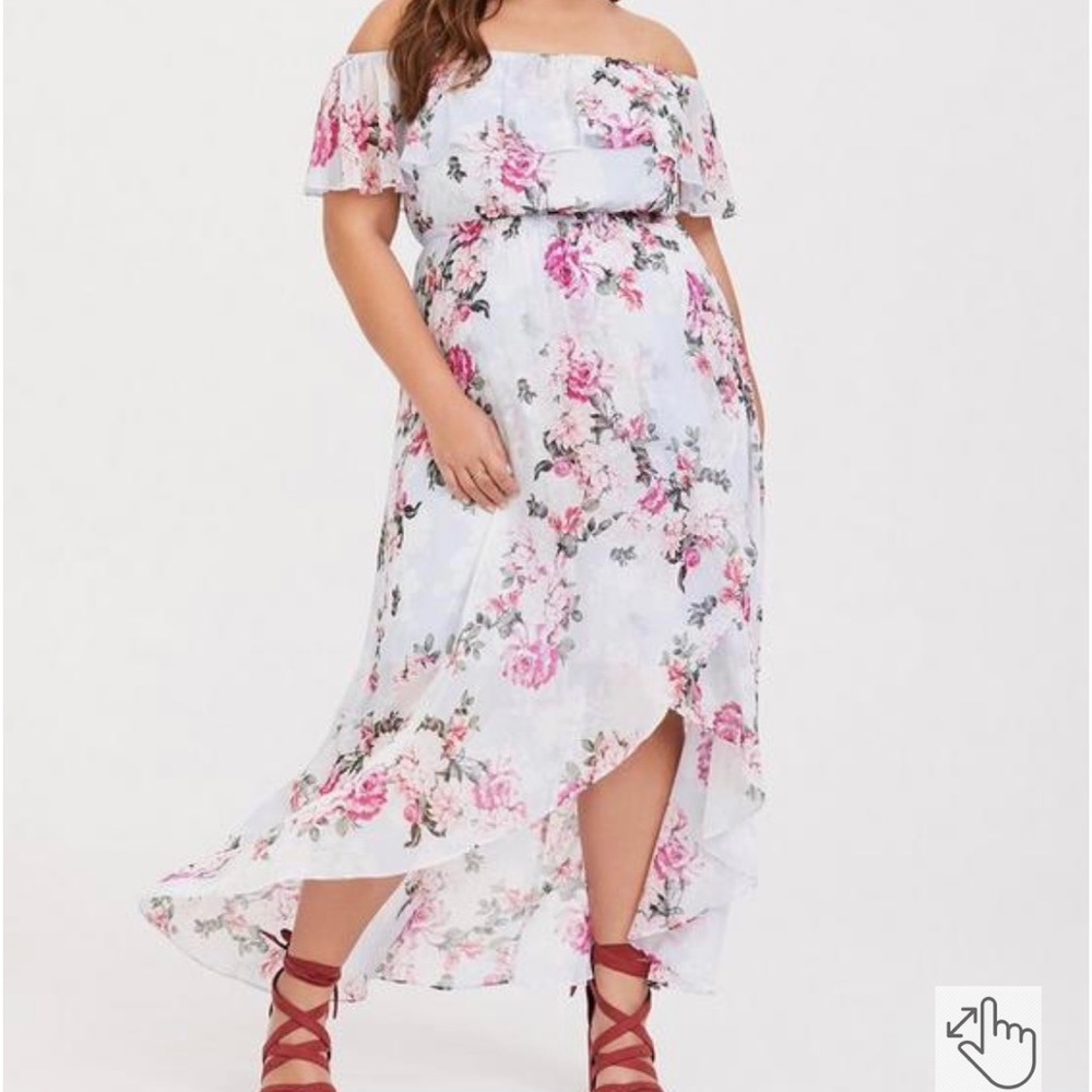 torrid White Floral Off-Shoulder Maxi Dress with Pink Roses
